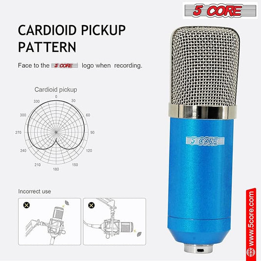 5Core Recordng Microphone Podcast Bundle Condenser w Microphone Arm Desk Mic Stand Computer Gaming Recording Vocals Streaming - RM 7 BLU