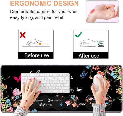 Ergonomic Keyboard Wrist Rest & Mouse Pad Wrist Rest Set,Large XXL Gaming Desk Mat 31.5"x 11.8" with Non-Slip Base, Memory Foam,Easy Typing Pain Relief for Home & Office,Floral Quote Live Laugh Love