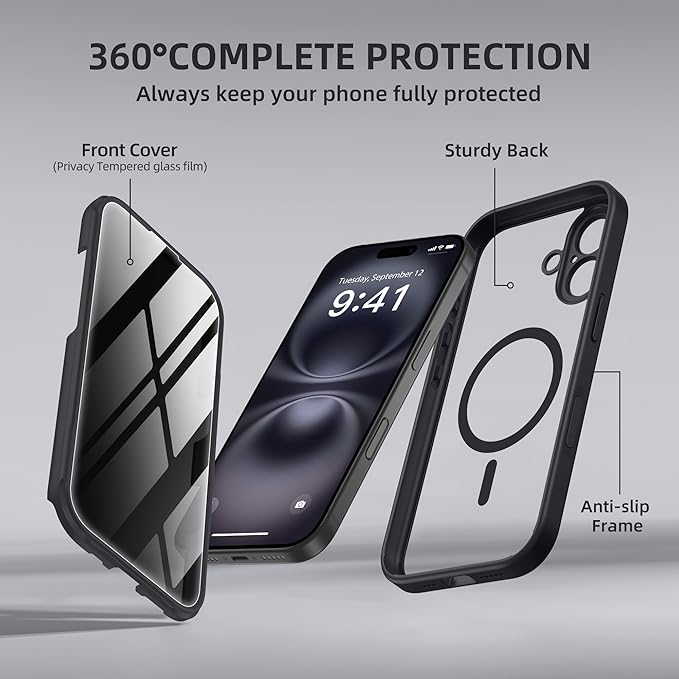 BERFY Magnetic for iPhone 16 Plus Case, Compatible with MagSafe, Built-in Privacy Screen Protector and Upgraded Camera Protection, Anti-Spy Full Body Shockproof Phone Case for 16 Plus 6.7", Black
