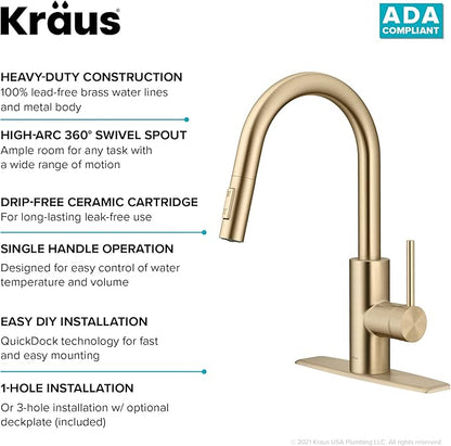 KRAUS Oletto Single Handle Pull Down Kitchen Faucet with QuickDock Top Mount Installation Assembly in Spot Free Antique Champagne Bronze, KPF-2620SFACB