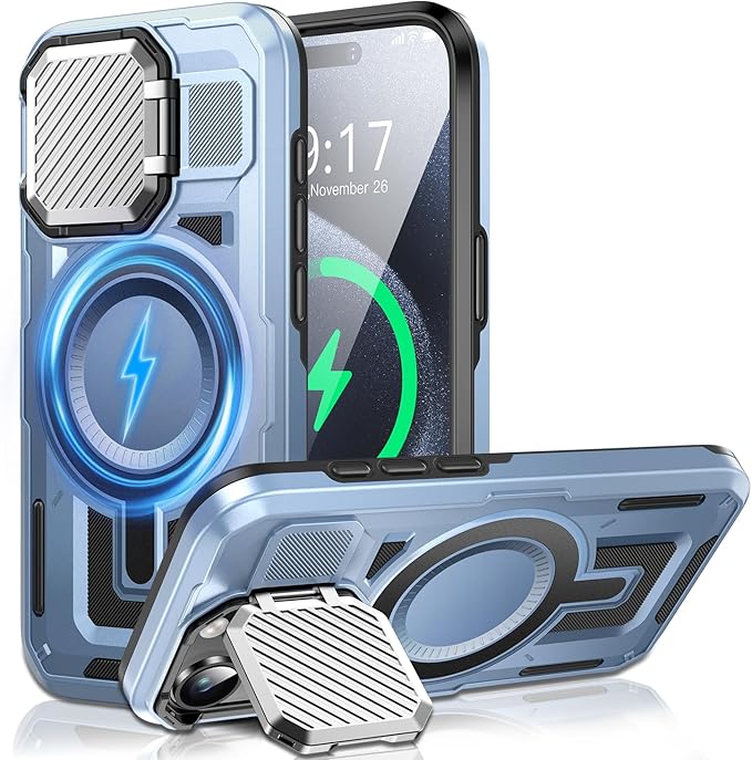 Camera Stand Case for iPhone 15 Pro Max, [Compatible with MagSafe] [Lens Cover] 2024 Version Military Grade Protective Soft Case for iPhone 15 Pro Max 6.7 inch Men Women, Blue
