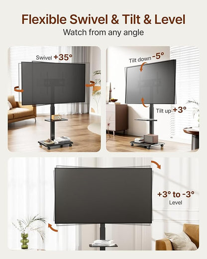 ECOTINY Steel Base Rolling TV Stand for 32-75 inch TVs up to 110 lbs, Leveling & Tilt & Swivel Mobile TV Stand with Hidden Wire Management, Height Adjustable Portable Tv Stand with Steel Shelf, Black