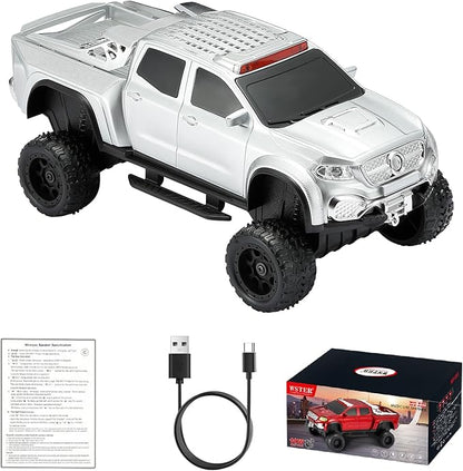WSTER WS-X65 Pickup Truck Replica Bluetooth Speaker – HD Sound, FM Radio, TWS Stereo, LED Party Lights, USB/TF Playback, Built-in Mic – Cool Portable Car Design Speaker for Outdoors & Home (Silver)