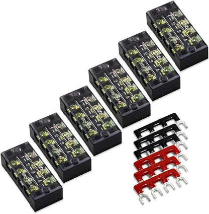 MILAPEAK Terminal Blocks - 12pcs (6 Sets) 4 Positions Dual Row 600V 25A Screw Terminal Strip Blocks with Cover, Pre-Insulated 400V 25A 4 Positions Barrier Strip Black & Red
