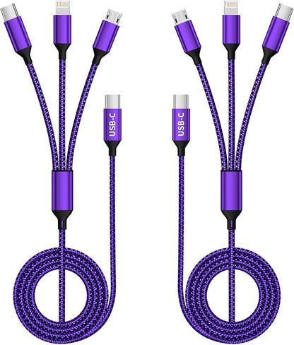 USB C Multi Charging Cable, (2 Pack 4FT), 3 in 1 Charging Cable Nylon Braided Universal Charger Cable with Type-C, Micro USB,IP Port for iPhone16/15 Series/Cell Phones & Pads and Other Devices-Purple