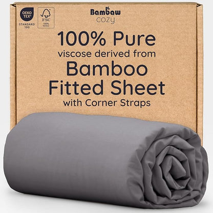 Bambaw 100% Viscose Derived from Bamboo Fitted Sheet Full Size, Cooling Fitted Sheets Only, Full Mattress Fitted Sheet Only, 15’’ Deep Gray Fitted Sheet Full, Soft Fitted Sheet with Straps (Dark Gray)