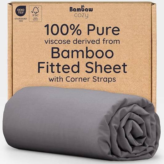 Bambaw 100% Viscose Derived from Bamboo Fitted Sheet Only, Soft Fitted Sheet Queen Size, Cooling Fitted Sheet with Straps, Deep Pocket Bottom Queen Fitted Sheet Only Fits Up to 16’’ (Dark Gray)