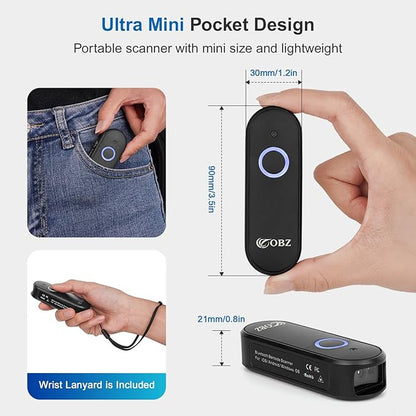 OBZ Mini Bluetooth Barcode Scanner, 2D Wireless Barcode Scanner, Versatile Portable Handheld USB 1D 2D QR Code Scanner Work with Mac OS, Windows, iOS, Android Tablet, Phone, PC, POS (Upgraded Version)