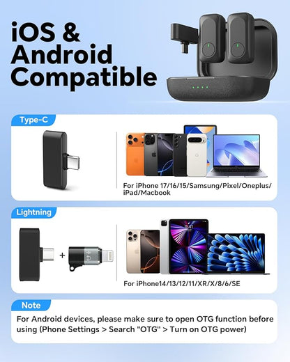 Jubolion Wireless Lavalier Microphone for iPhone/Android Phone/Laptop/PC, Mini Lapel Mic with 50H Battery Life Charging Case, 100FT Range and Noise Reduction, for Video Recording, Streaming, TikTok