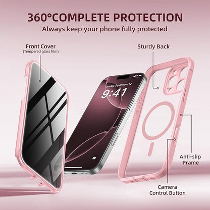 BERFY Magnetic for iPhone 16 Pro Case, Compatible with MagSafe, Built-in Privacy Screen Protector and Upgraded Camera Protection, Anti-Spy Full Body Shockproof Phone Case for 16 Pro 6.3", Pink