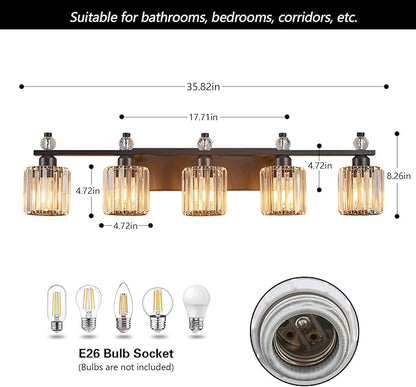 FDPBY Bathroom Vanity Lights 5-Light Sand Black Modern Crystal Vanity Light Fixtures Over Mirror Crystal Bathroom Vanity Lighting Fixtures