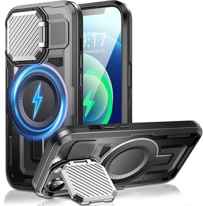 Camera Stand Case for iPhone 12/12 Pro, [Compatible with MagSafe] [Lens Cover] 2024 Version Military Grade Protective Soft Case for iPhone 12/12 Pro 6.1 inch Men Women, Black