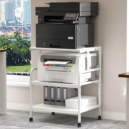 Arbuxzuy Large Printer Stand with Storage Shelf, 23.6" W x 18.9" D Printer Cart with Wheels, 3 Tier Mobile Printer Table for Home Office,Stands for Heat Press Scanner Fax (White)