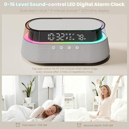 KUANGXIANG 6-in-1 Bluetooth Speaker Alarm Clock with Remote, 15W Fast Wireless Charger, FM Radio & Dimmable LED Night Light, Dual Digital Clock for Bedroom Home Office, Ideal for Him, Men Women