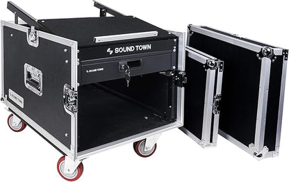 Sound Town High-Quality 1/2” (12mm) Plywood 8U PA DJ Pro Audio Rack/Road ATA Case with 11U Slant Mixer Top, Locking Drawer, 20.2’’ Rackable Depth and Casters (STMR-8D2)