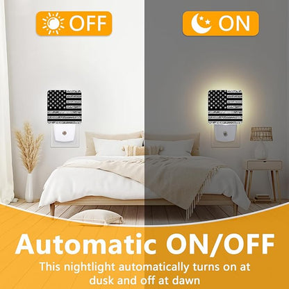 GANTINIR Black White American Flag Night Light, Plug-into USA Flag Nightlight White LED Lamp, Energy Efficient Decor Desk Lamp for Bedroom Hallway Stairs Bathroom