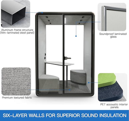 Soundproof Office Pod Booth Black, for 2 Person Meeting Pod, Quiet Meeting Pod with Acoustic Panels, Portable Modular Pod, Privacy Phone Booth for Calling, Personal Workspace H92in W63in D55in