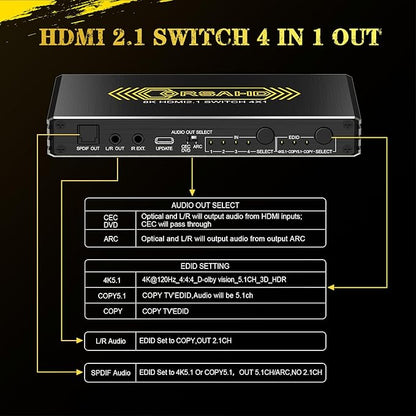 CORSAHD 4K@120Hz HDMI 2.1 Switch 4 in 1 Out with Audio Extractor,48Gbps,HDCP 2.3,HDR 10+,ARC,VRR,ALLM,CEC,IR Remote,Optical SPDIF 5.1Ch,AUX L/R 3.5mm 2.1Ch,HDMI Switcher 4x1,4 Port HDMI Selector