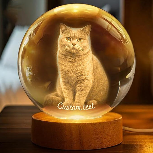 Herihues Personalized 3D Photo Crystal Ball, Custom Engraved Picture Lamp with Wood Base, Night Light for Pet Lovers, Cat Memorial Gifts, Loss of Pet Sympathy Gift Night Light, Cat Mom Gifts