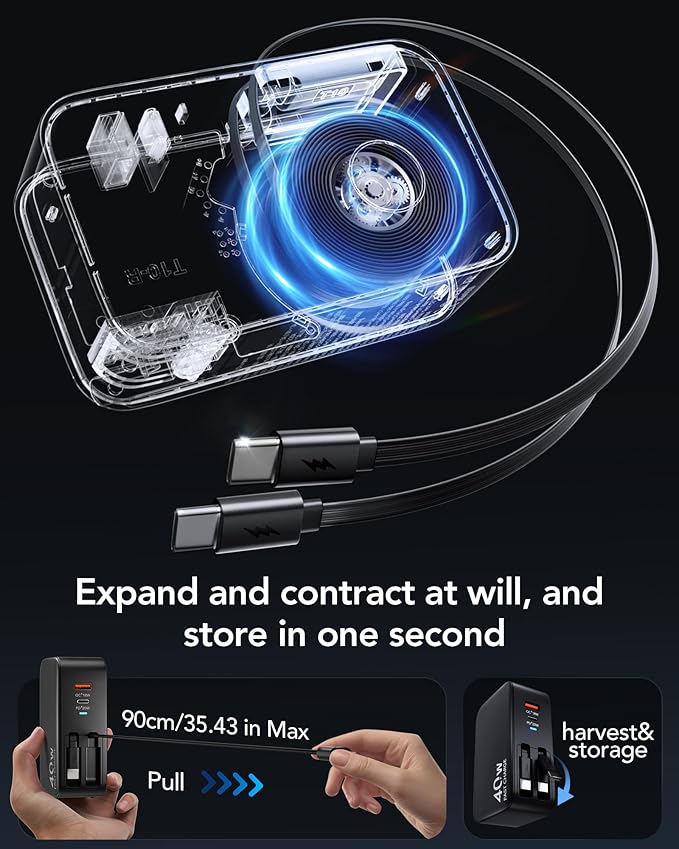 Retractable USB C Charger Wall Plug with Dual 35.5in/90cm Type C Cables Cords,40W Fast Charging Foldable Block Multi Charger for All Devices for iPhone 16/15/14/13/12/11,iPad,Galaxy,Pixel