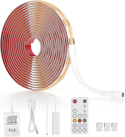 WOBANE Dimmable COB LED Strip Light, 9.8ft Under Cabinet Lighting with Remote Control, 6000K White, Kitchen, Ceiling, Room, Closet, Counter, CRI90+, 1500lm, Timing, ETL Adapter