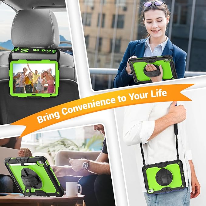 SEYMAC Case for iPad (A16) 11th/10th Generation 2025/2022 (11″/10.9″), Sturdy Heavy Duty Full-Body Shockproof Protective Case with Screen Protector, Rotating Stand, Hand/Shoulder Strap, Black/Green