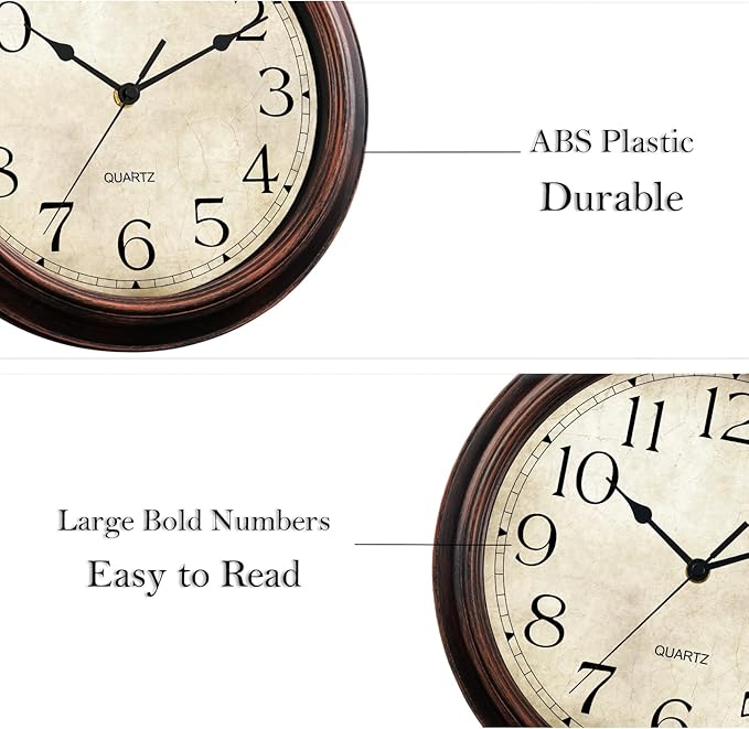 KECYET 14 Inch Wall Clocks Battery Operated Silent Non-Ticking Analog Wall Clock Vintage Retro Rustic Style Decorative for Living Room Kitchen Home Office(Bronze)