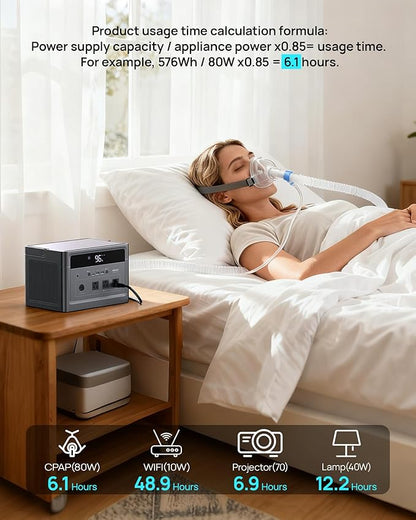 Portable Power Station 600W (1200W Surge), 576Wh LiFePO4 Battery, 100W USB-C PD Fast Charg, Solar Generator for Home Emergency, Camping, RV
