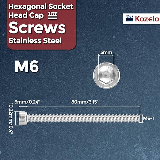 Kozelo 5pcs Socket Head Cap Screws - [M6-1 x 80mm] 304 Stainless Steel Allen Socket Drive for Electrical Motor 3D Printing Fan Engine Replacement Use, Silver