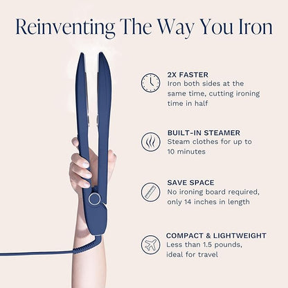 Nori Press Travel Steam Iron - Handheld Iron With Optional Steam Feature - No Ironing Board Required - Easy to Use w/ 6 Fabric Settings - Removes Wrinkles - User Manual Included - Navy