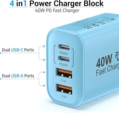 TT&C USB C Block 40W, 4 Ports Wall Plug Fast Charging Block, PD+QC Multiport Power Adapter USB C Charger Type C for iPhone 17, 17 Air, 17 Pro, 17 Pro Max, 16,15,14,13,12, Galaxy Phones (Blue 1Pack)
