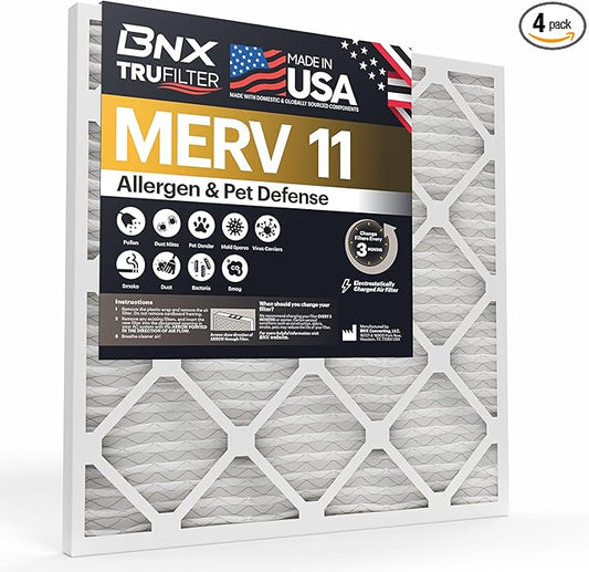 BNX TruFilter 16x30x1 Air Filter MERV 11 (4-Pack) - MADE IN USA - Allergen Defense Electrostatic Pleated Air Conditioner HVAC AC Furnace Filters for Allergies, Dust, Pet, Smoke, Allergy MPR 1200 FPR 7