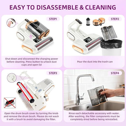 BESTING Mattress Vacuum Cordless with 16Kpa Suction & HEPA Dust Cups, 253.7nm UV-C Light & Ultrasonic, Low Noise Widened Suction Port Handheld Vacuum for Bed Pillows Couch Car Seat Rugs, Pearl White