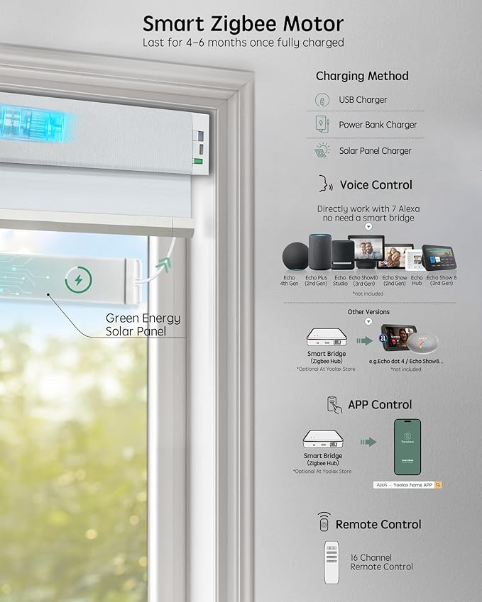 Yoolax Smart Blinds, Motorized Cellular Shades Compatible with Alexa, Blackout Electric Blinds with Remote for Indoor Windows, Automatic Energy Saving Honeycomb Shades, White, 31" W x 72" H