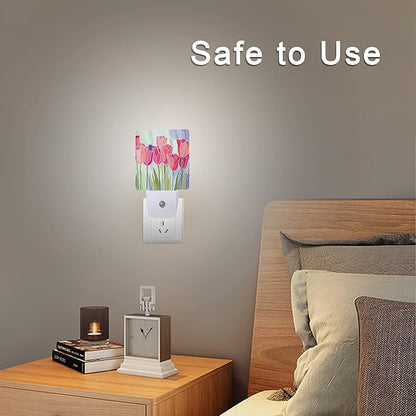 Smoaffly Pink Tulip Flowers Night Light Plug-in LED Nightlights Auto Sensor Night Lamp Dusk-to-Dawn Lamp Home Decor for Nursery Children Girls Boys