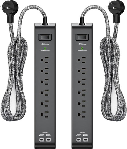 12FT Long Power Strip Surge Protector - with 6 Outlets 4 USB Ports, Heavy-Duty Braided Extension Cord, Flat Plug, 900 Joules, 15A Circuit Breaker, Wall Mount for Home Office (2 Pack)