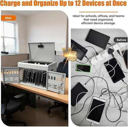 12-Device Charging Cabinet -Lockable Charging Station for iPad, Chromebook,Laptop&Tablet- American Style Charging Cabinet with Cord Management Ideal for Classrooms & Offices (Grayish White)