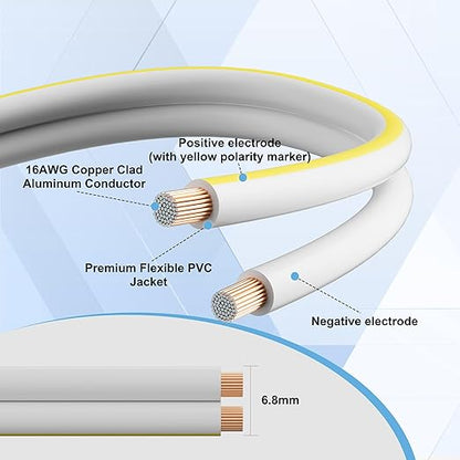Mygatti 16AWG Speaker Wire 25 FT, 16/2 Gauge Audio Speaker Wire, for Car Speakers Stereo, Home Theater, Automotive Wire, White Jacket with Yellow Polarity Marker, CCA, 2 Conductors Electrical Wire