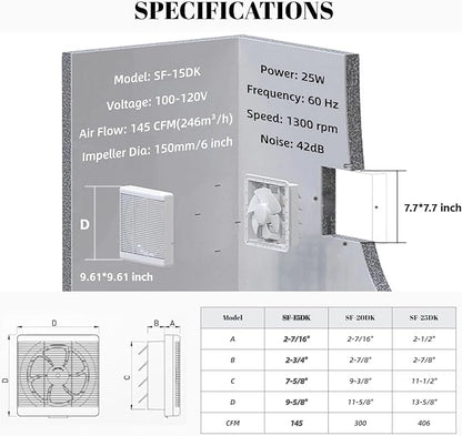 SAILFLO 6 Inch Small Window Shutter Exhaust Fan, 7.7 x 7.7 Inch Cutout, 145CFM 25W Wall-Mounted Ventilation Fan Air Extractor for Bathroom Home Bedroom Attic, φ6 Inch Impeller