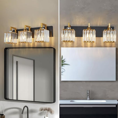 FDPBY Modern Bathroom Vanity Light 3-Lights Black Gold Crystal Wall Lamp Bathroom Modern Crystal Vanity Lighting