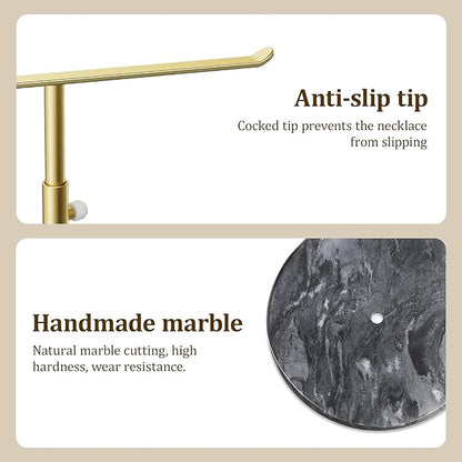 Josmimic Gold Necklace Holder Jewelry Organizer Stand – Adjustable Height T‑Bar Jewelry Display with Dark Gray Marble Base, Necklace & Bracelet Holder, Countertop Jewelry Stand