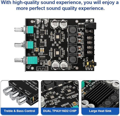 ZK-1002T Bluetooth Amplifier Board 2.0CH 100W*2 Mini Audio AMP with Treble and Bass Control, BT and AUX Inputs, DC 9-24V Stereo AMP Module for Home Speakers, Update Version APP Control