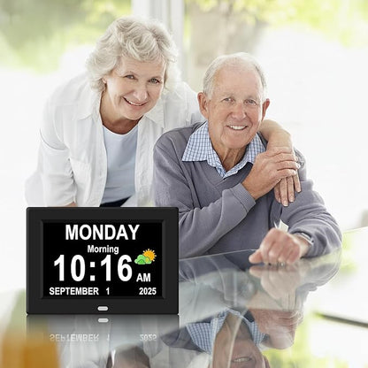 8‘’ Digital Calendar Day Clock, Gifts for People with Dementia Alzheimers, Large Display Alarms Clock for Seniors Electric Clocks with Date Day of Week 12 Alarms 4 Colors Auto DST/Dimmer