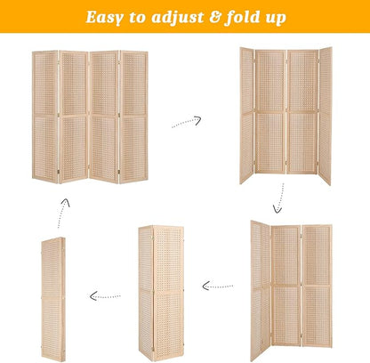 Bonnlo 4 Panel Pegboard Freestanding, 5 FT Portable Display Board Organizer for Craft Show Jewelry, Wooden Folding Privacy Screen Room Divider (with Base, Natural)