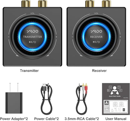 YMOO 2.4GHz Wireless Audio Transmitter and Receiver for TV, 25ms Low Latency, 200Ft Long Range, Wireless Audio Adapter Kit with AUX RCA in/Out for Stereo/Soundbar/Speaker/Amplifier/PC