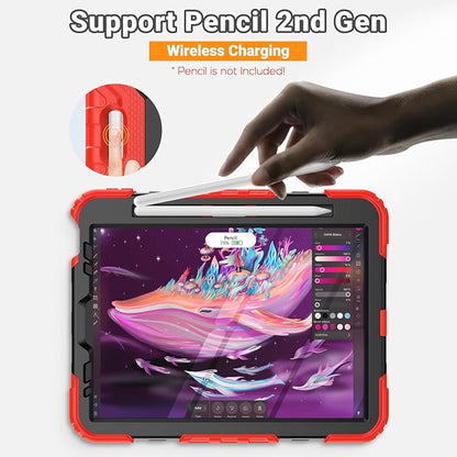 SEYMAC for iPad Air 5th/4th Generation Case 10.9 Inch, Full-Body Heavy Duty Protective Case with Rotating Stand, Screen Protector and Hand/Shoulder Strap for Air 5/ Air 4, Red