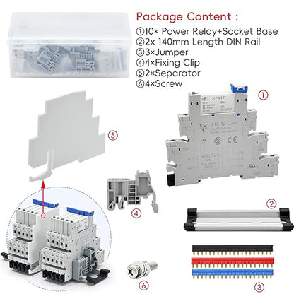 (10Pcs) 12V Relay Din Rail; Silm Relay 12V DC/AC 6Amp 5Pin 1NO 1NC SPDT with LED Indicator, Socket, Jumper DIN Rail Mount 12 Volt UL Listed