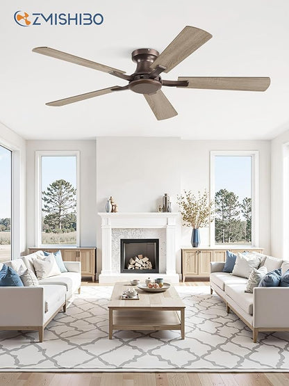 ZMISHIBO 52 Inch Ceiling Fan No Light, Flush Mount Low Profile, Farmhouse Brown Ceiling Fan Without Light, Remote Control & Quiet DC Motor, for Indoor&Outdoor, Bedroom, Living Room