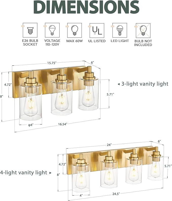 METWET 4-Light Bathroom Light Fixtures, Brushed Gold Vanity Light with Cylinder Clear Glass Shade, Modern Vanity Lighting Fixtures Over Mirror, VL143-BG-4