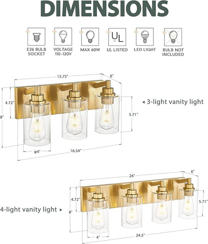 METWET 4-Light Bathroom Light Fixtures, Brushed Gold Vanity Light with Cylinder Clear Glass Shade, Modern Vanity Lighting Fixtures Over Mirror, VL143-BG-4